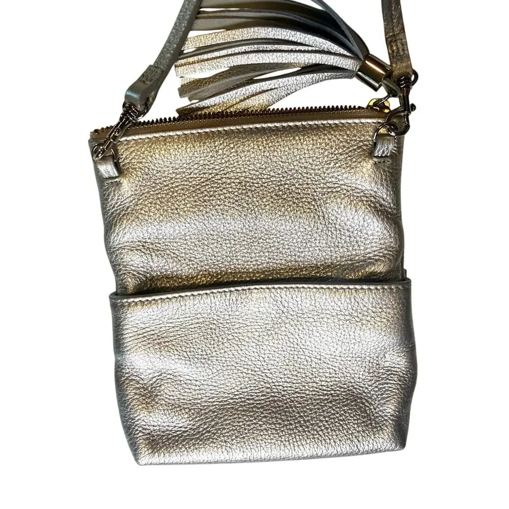 Jack Rogers Silver Metallic Leather Mini Fold-Over Tassel Crossbody Bag